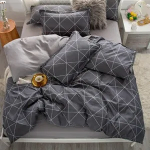 Housse De Couette De Lit Gris Rayures - Polyester & Coton